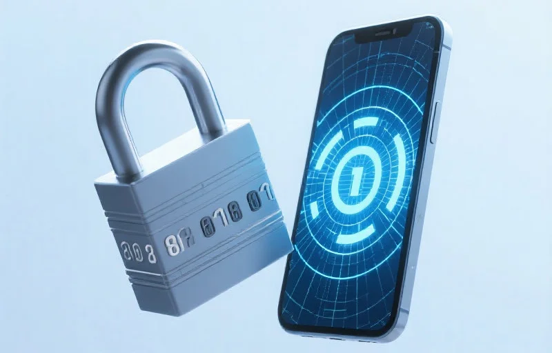 一把数字锁和手机屏幕结合，表现数据安全和隐私保护的概念